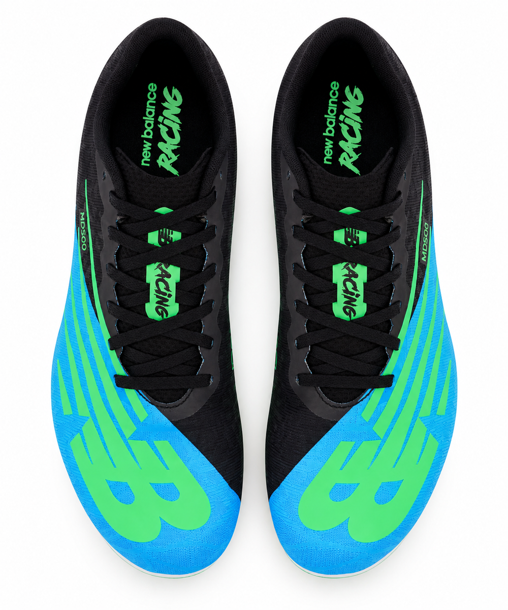 A pair ofNew Balance Md500 V 8 – Men's shoes shown from a top-down view. The shoes feature a black upper with bright neon green accents, including the large 'NB' logos on the toe area and 'new balance' branding on the tongues and sides, and a vibrant blue heel section.