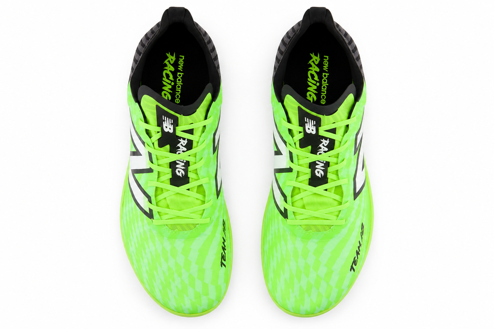 A pair of New Balance Md500 V9 – Men's in neon green and black, shown from a top-down view on a white background.
