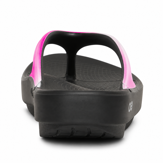 A single Oofos OOLALA sandal with bright pink accents on the side straps, shown from a rear three-quarter angle on a white background.