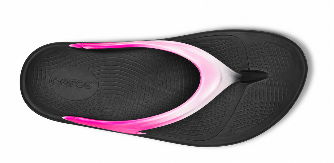 A single black Oofos OOLALA sandal shown from a top-down view on a white background, featuring a textured black footbed with the &