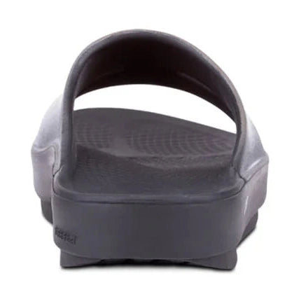 A single OOfos OOahh Luxe platform slide sandal shown from a rear three-quarter view against a plain white background.
