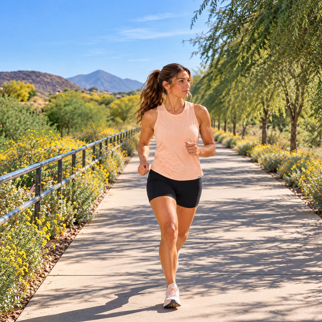 A woman jogging on a paved path outdoors, wearing a light peach tank top, black athletic shorts, and white running shoes. Trees, shrubs, mountains, and a blue sky are visible in the background.
