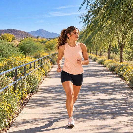 A woman jogging on a paved path outdoors, wearing a light peach tank top, black athletic shorts, and white running shoes. Trees, shrubs, mountains, and a blue sky are visible in the background.