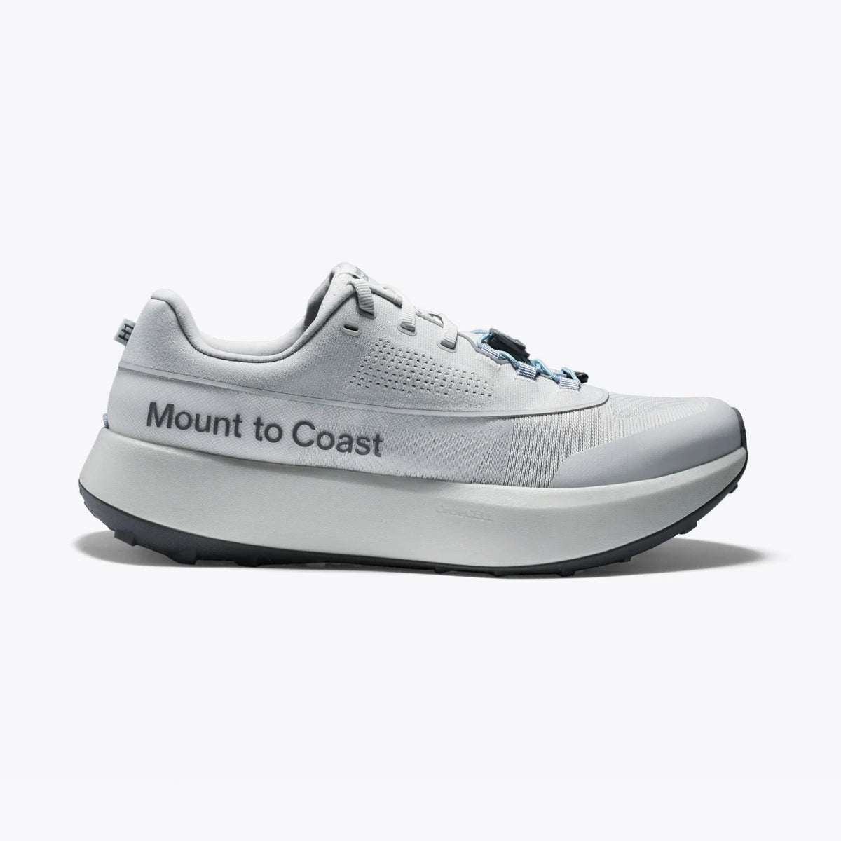 White H1 -- Women's running shoe with 'Mount to Coast' branding on a white background