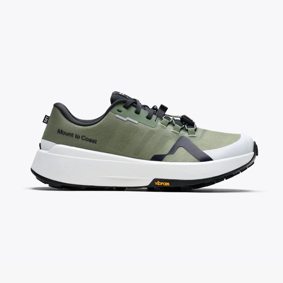 A single Mount to Coast Vibras M1 -- Men's running shoe in olive green, white, and black, shown from a side profile view against a light gray background.