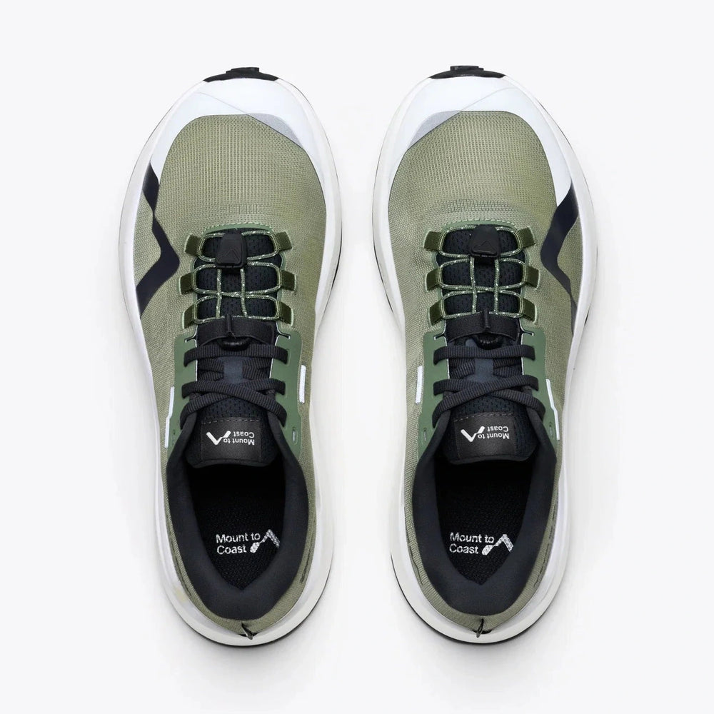 A pair of Mount to Ocean M1 -- Men's running shoes shown from a top-down view, featuring an olive green mesh upper, black laces, and a white and black sole.