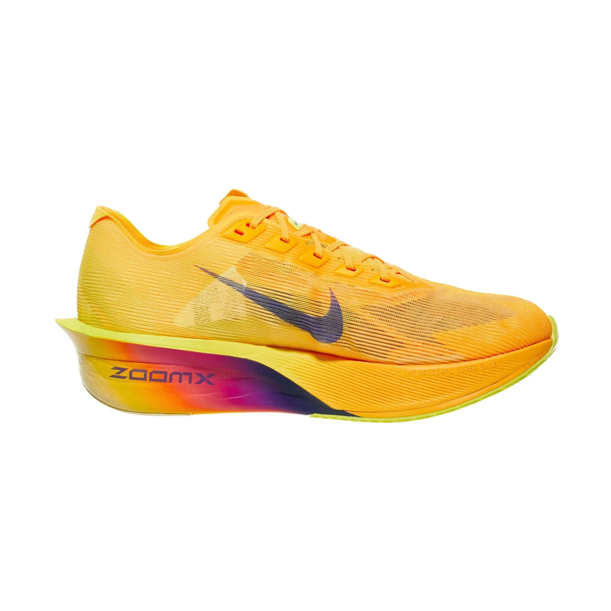 A Nike Vaporfly 4 – Men's running shoe in bright yellow and orange with a purple gradient ZoomX midsole, shown from the side on a white background.