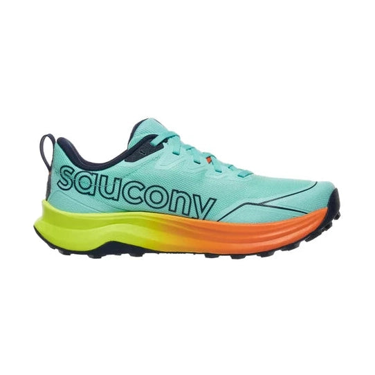 A Saucony Peregrine 16 – Men's trail running shoe in light teal with a thick midsole featuring a yellow-to-orange gradient, black outsole, and black Saucony branding on the side.