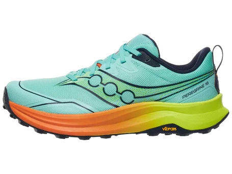 A Saucony Peregrine 16 trail running shoe in light teal with a black and lime green chain logo, a bright orange and yellow midsole, and a black Vibram outsole, shown against a plain white background.