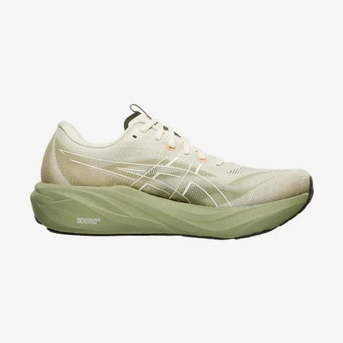 A single Asics GT-2000 15 -- Men's shown in profile against a light gray background. The shoe features a light beige mesh upper with white graphic stripes, a thick olive green cushioned midsole, and small orange accents near the laces.