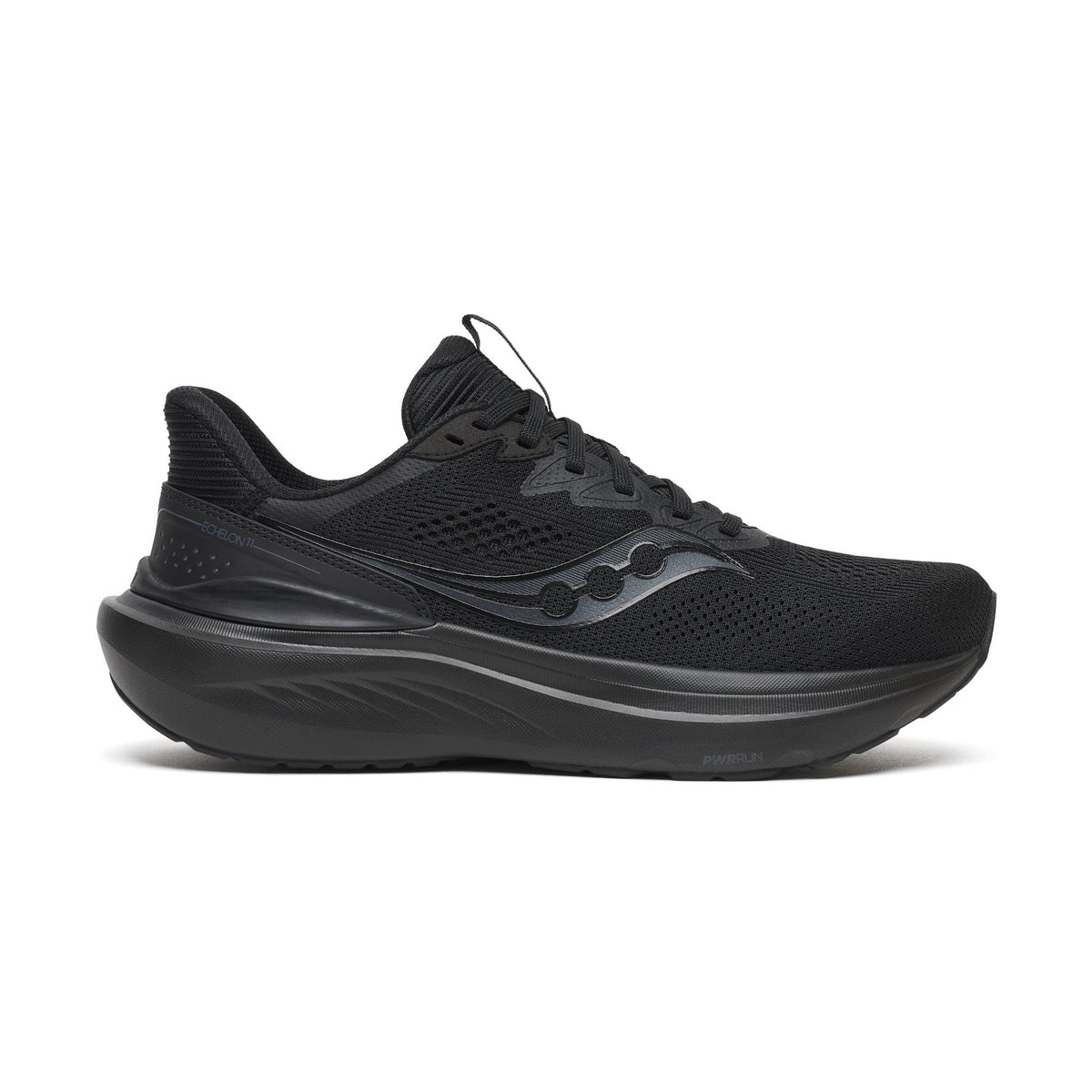 A Saucony Echelon 11 – Men's running shoe in metallic silver and white mesh with black accents, shown in a side profile on a white background.