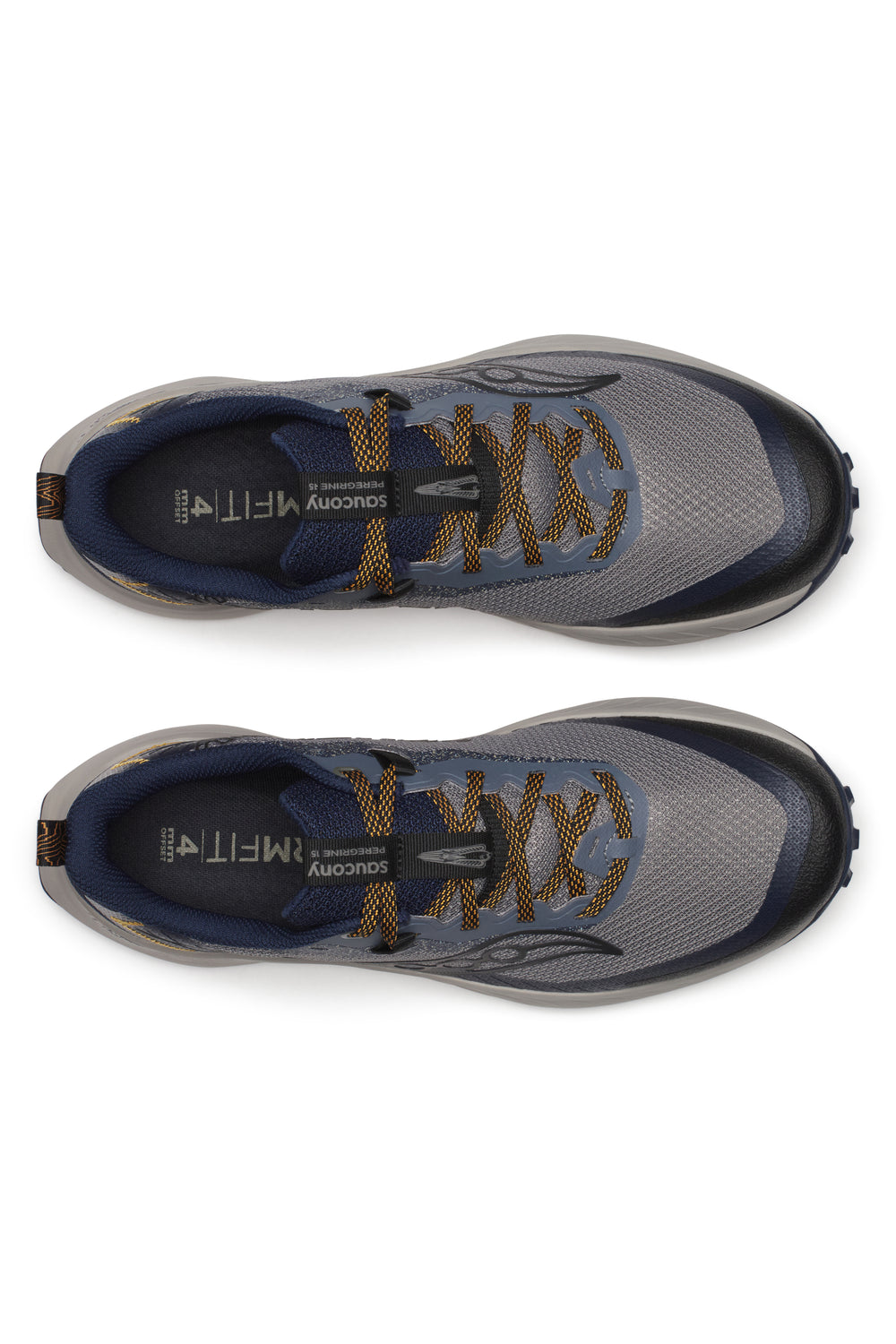 A pair of top-down views of a gray and navy Saucony Peregrine 15 – Men's blue athletic shoe with brown laces, showing the inner side of the sneaker.