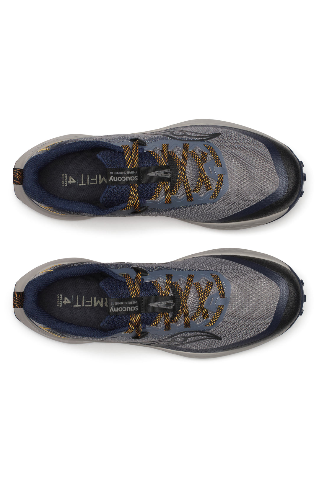 A pair of top-down views of a gray and navy Saucony Peregrine 15 – Men&