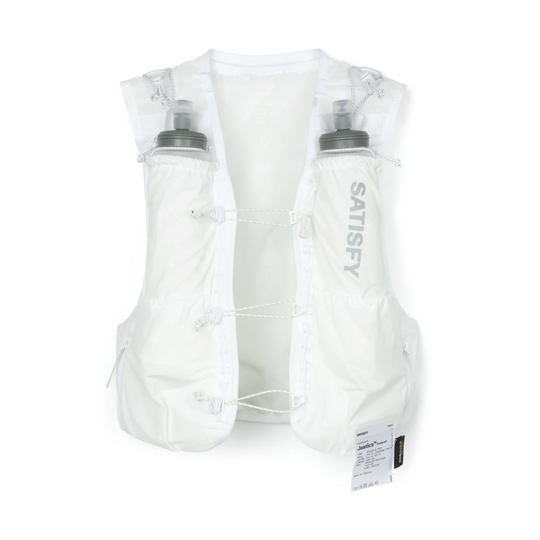 A white Justice Cordura 5L Hydration Vest with two integrated water bottles, front toggle closures, and the brand name &
