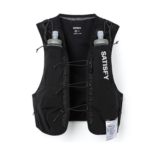 Black hydration Justice Cordura 5L Hydration Vest with front toggle closures, two side water bottle pockets with gray bottles, and white &