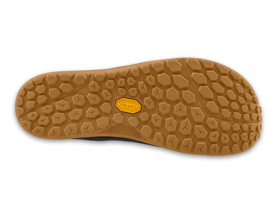 Close-up of a brown shoe sole with a brand logo on a white background
