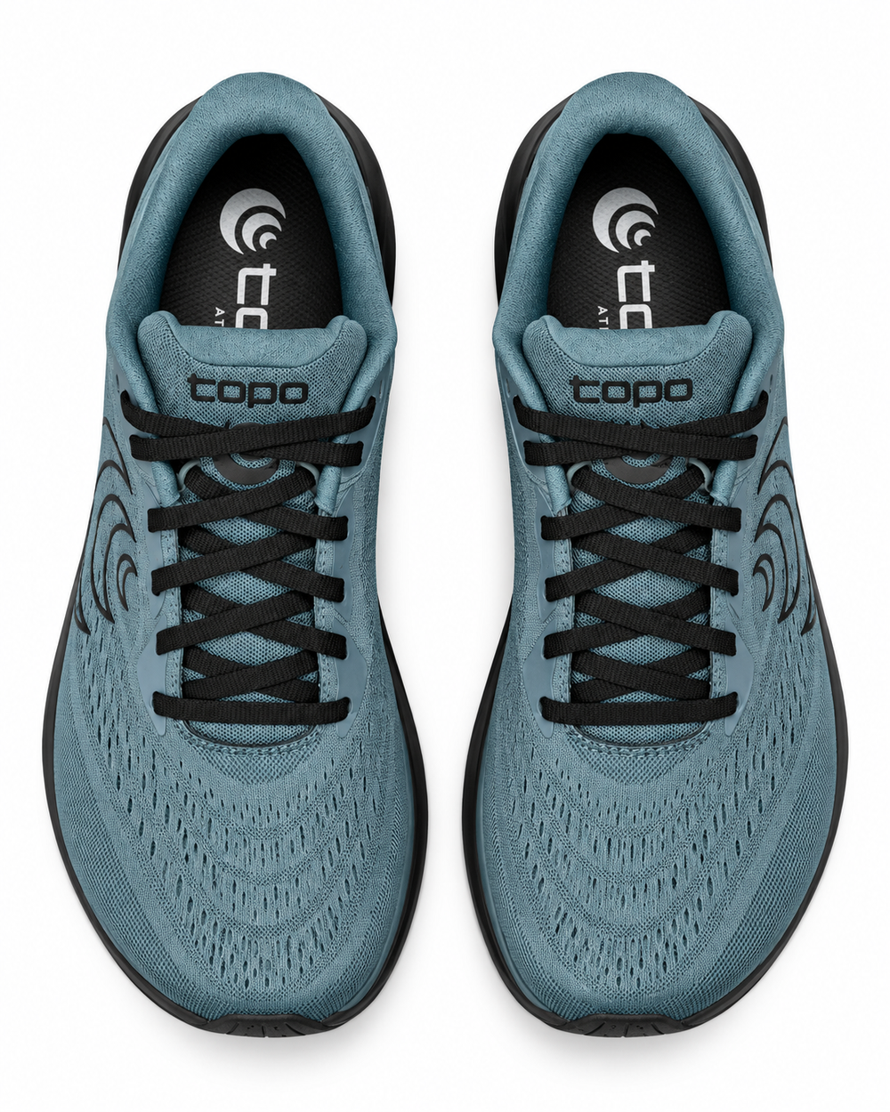 A pair of teal blue and black Topo Athletic Phantom 4 – Men's running shoes shown from a top-down view on a white background. The shoes feature a textured knit upper, black laces, and the 'topo' brand name printed on the tongue.