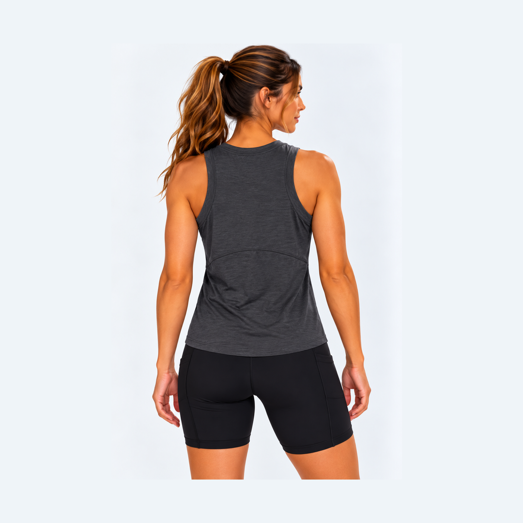 Rear view of a woman wearing a dark heather gray High Neck Tank Top – Women&