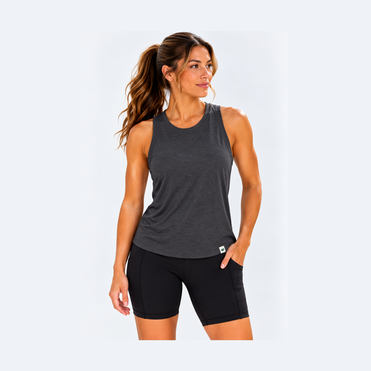 A woman modeling a dark charcoal gray High Neck Tank Top – Women&