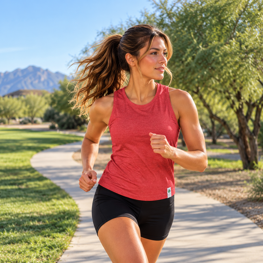 A woman jogging on a paved path in a Rio Vista park, wearing a red athletic tank top and black shorts.