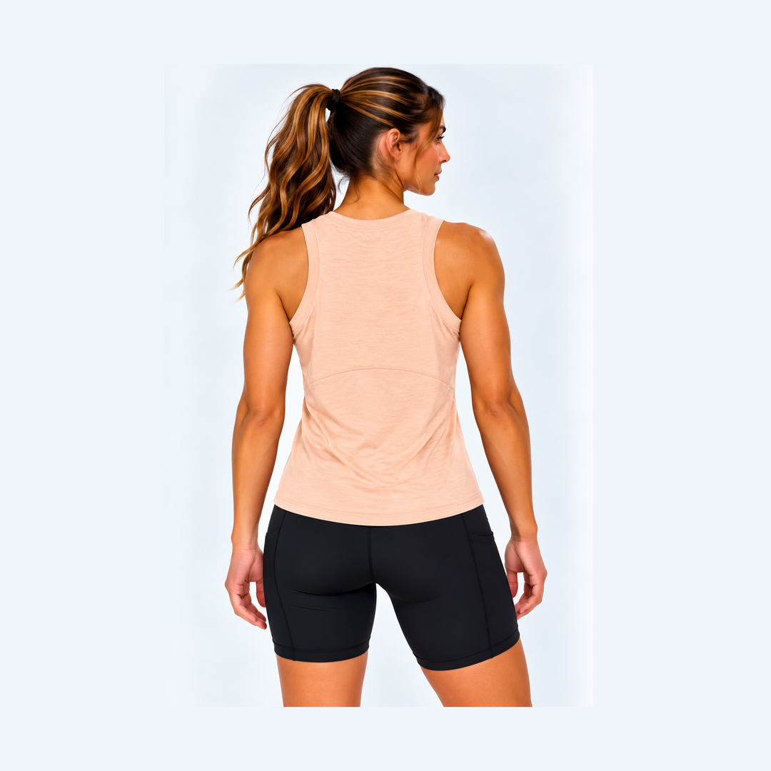 A woman shown from the back wearing aPerformance High Neck Tank Top – Women&