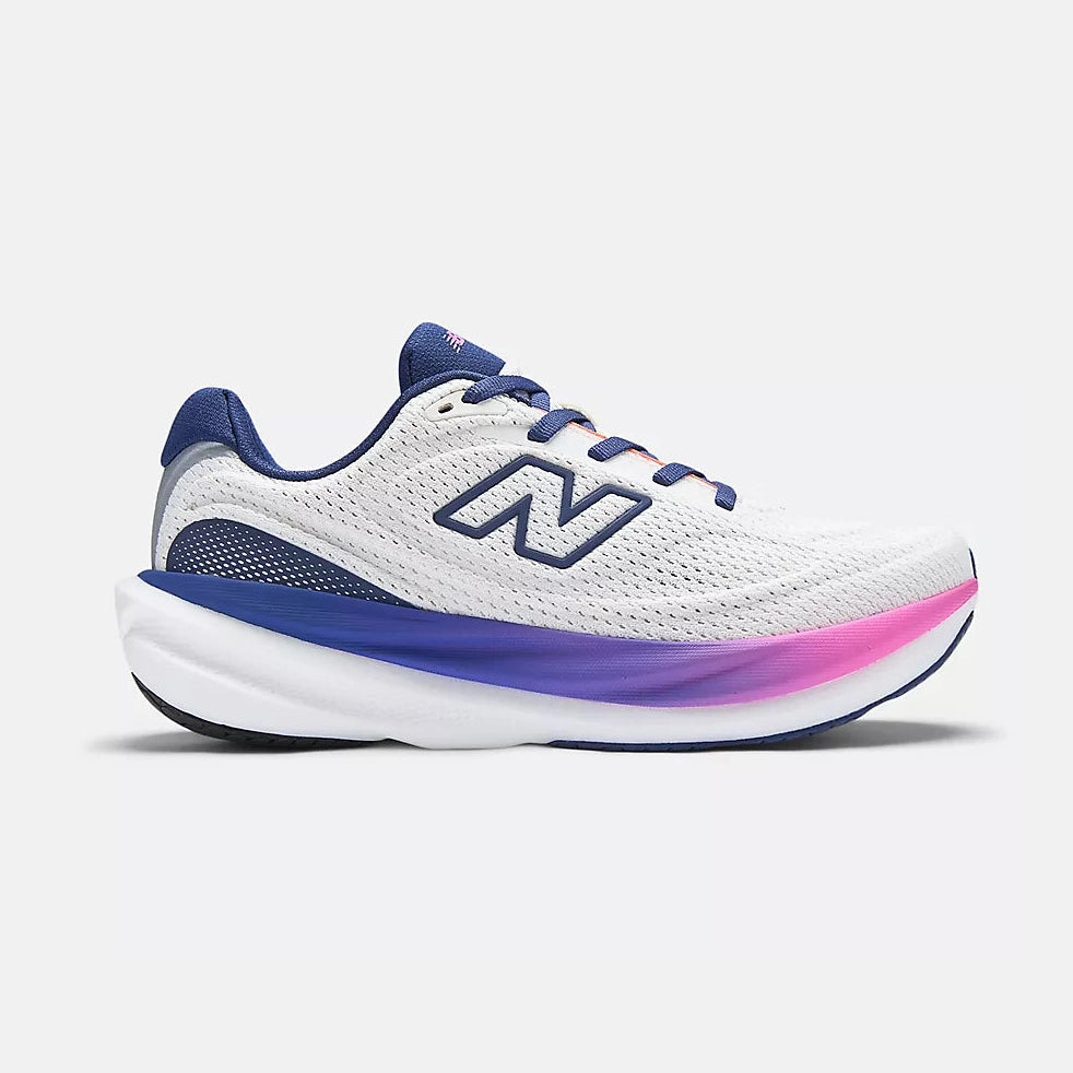 White New Balance 1080 V15 – Women's running shoe with blue and pink accents on a light gray background