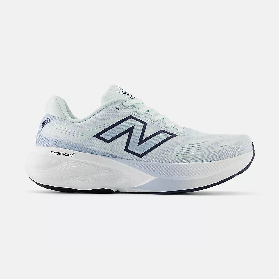 White running shoe with New Balance Fresh Foam X 880 V15 – Women's logo on a light gray background