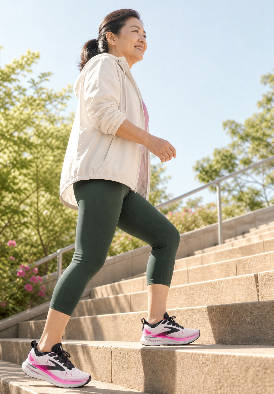 Woman exercising outdoors on a staircase with trees and clear sky in the background wearin brooks glycerin gts 23