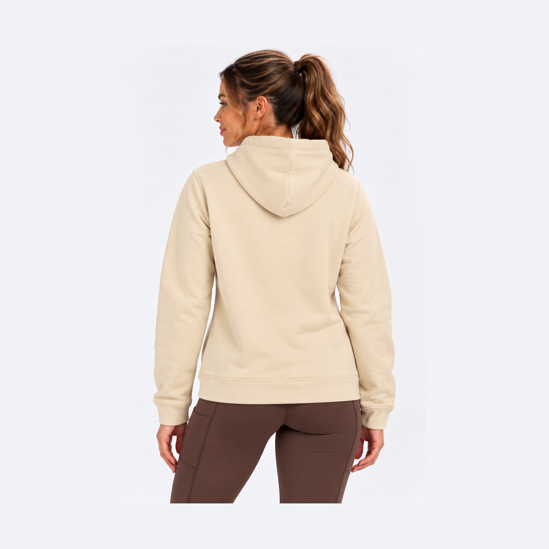 A woman shown from the back wearing a light beige French Terry Hoodie – Women&