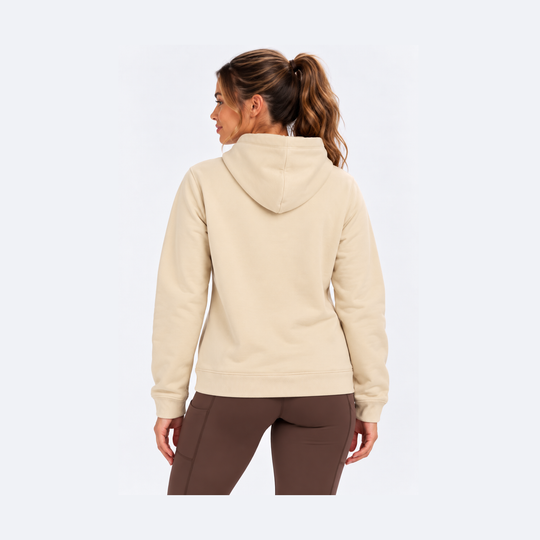 A woman shown from the back wearing a light beige French Terry Hoodie – Women&
